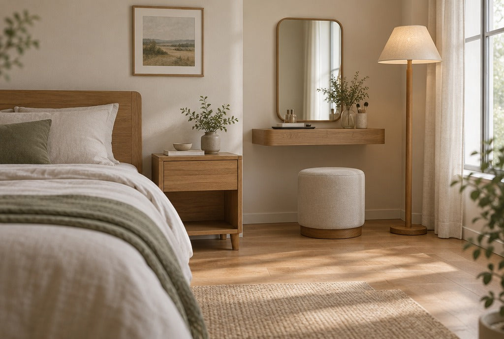 A calm bedroom with a solid wood nightstand beside the bed, a small floating dressing table with a mirror and a wood floor lamp