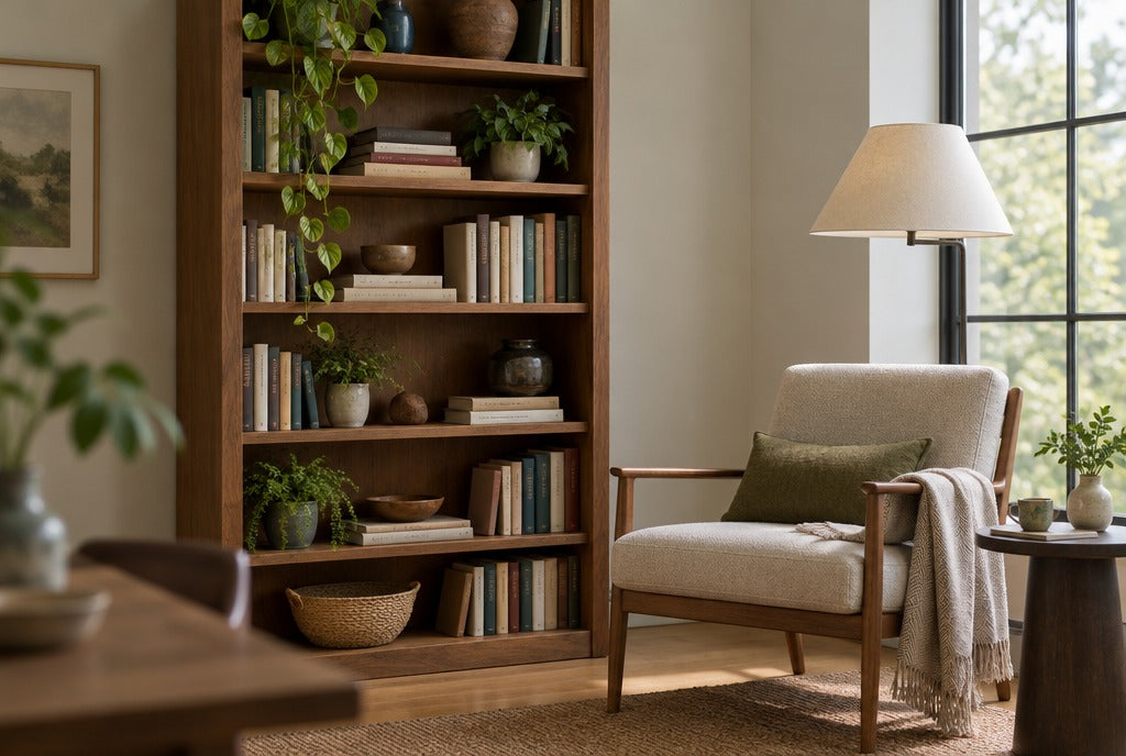 A study with a tall solid wood bookcase filled with books, plants and pottery beside a reading chair and a floor lamp