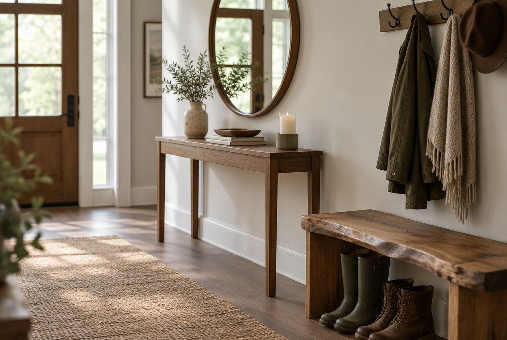 A farmhouse entryway with a slim solid wood console table, a round mirror, a live-edge bench with boots underneath and a coat rack