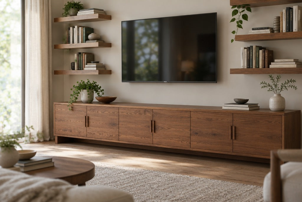 A family room TV wall with a long solid wood TV console with cabinet doors, a mounted television and wall shelves with books