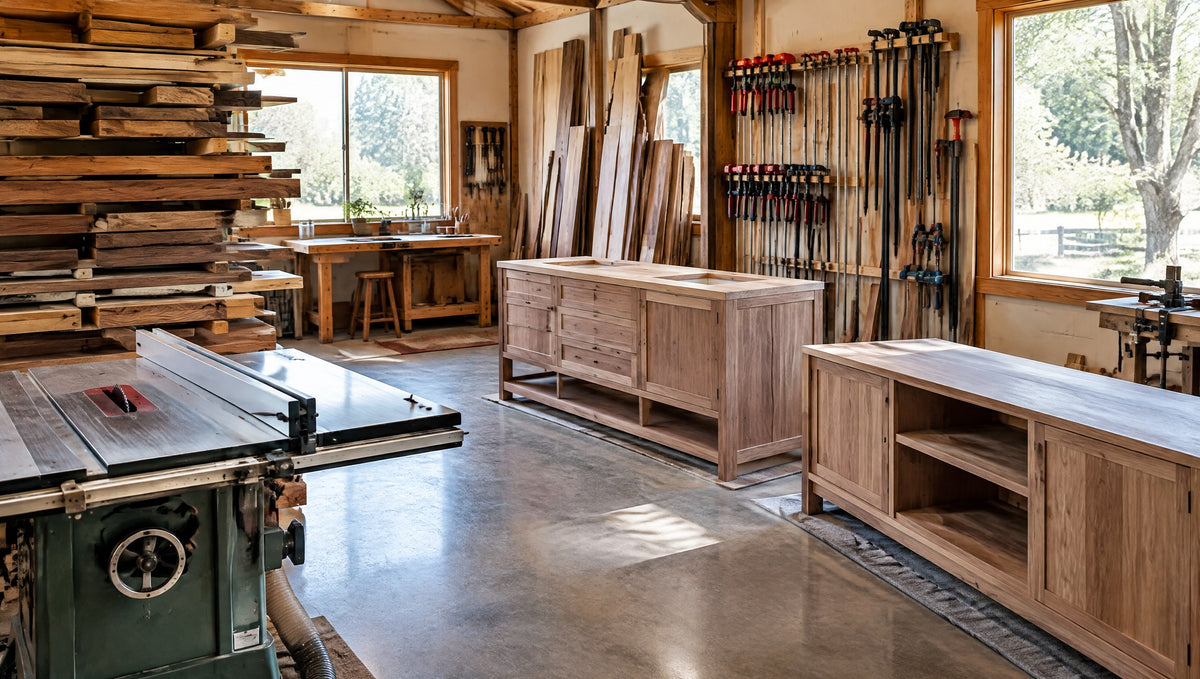 A country cabinet shop with hardwood boards and a newly built solid wood vanity