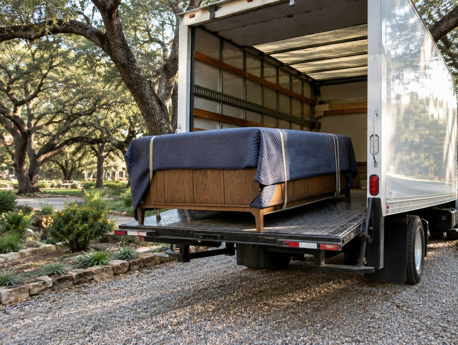 A blanket-wrapped solid wood TV console loaded into a delivery truck