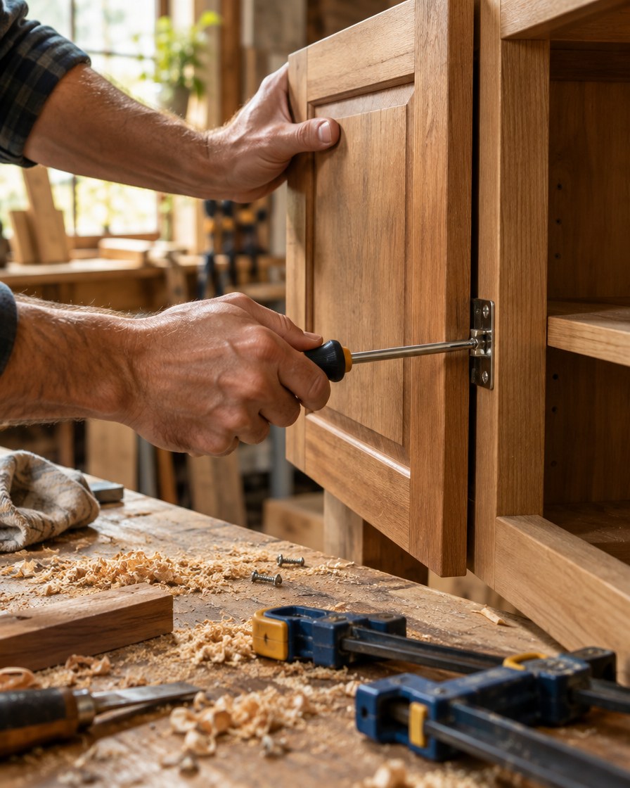 Hands fitting a solid wood cabinet door onto a face frame