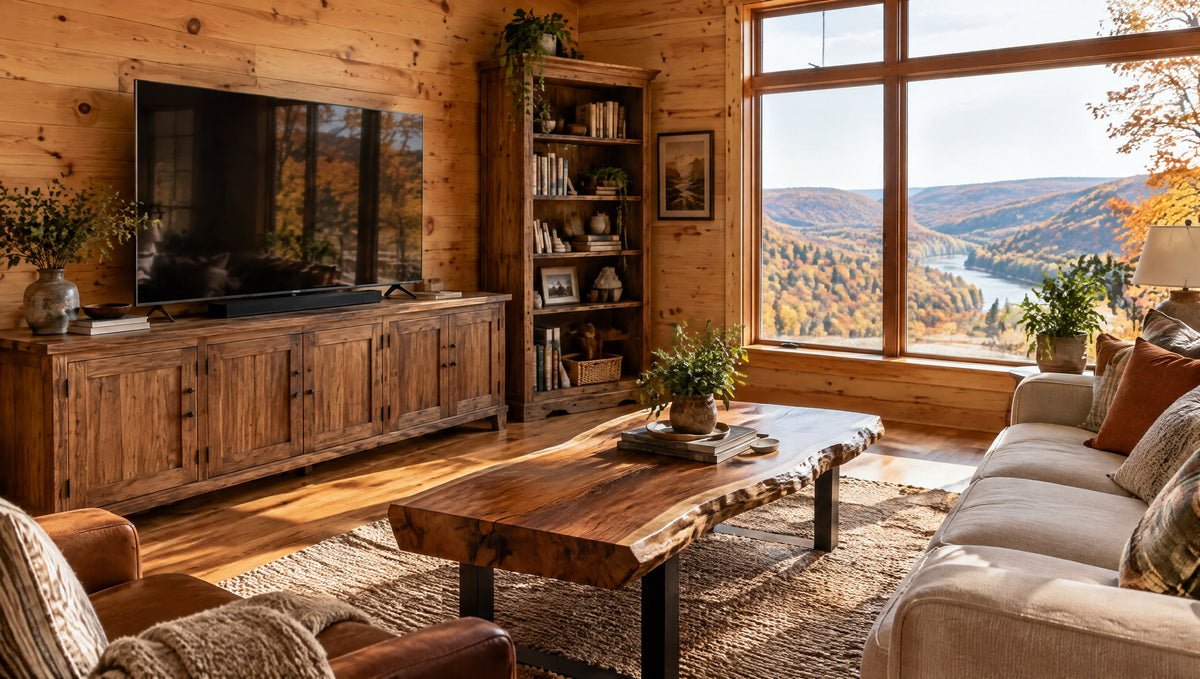 An Ozark farmhouse great room with a solid wood TV console, live-edge coffee table and tall bookcase